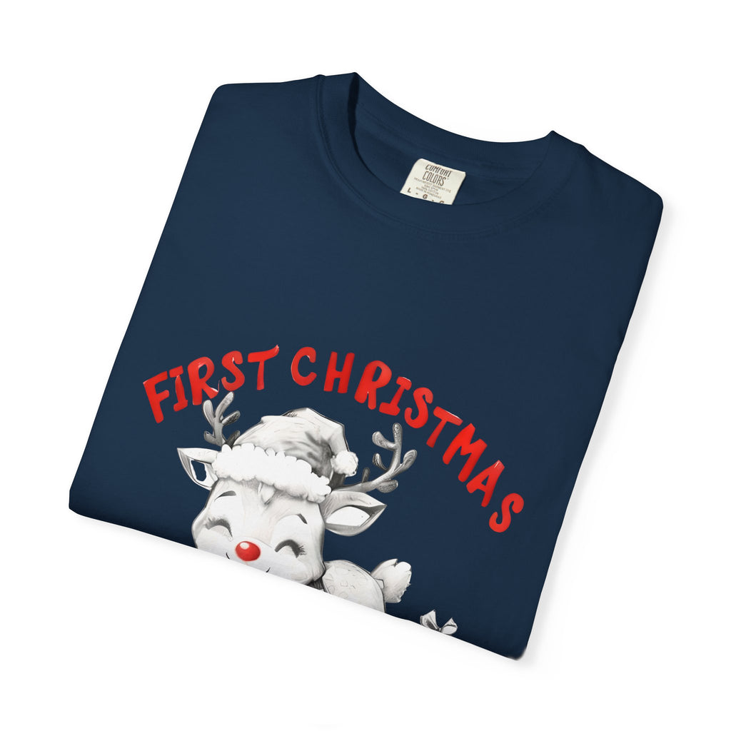 Navy T-shirt close-up showing “First Christmas” reindeer and “MUMMA” graphic