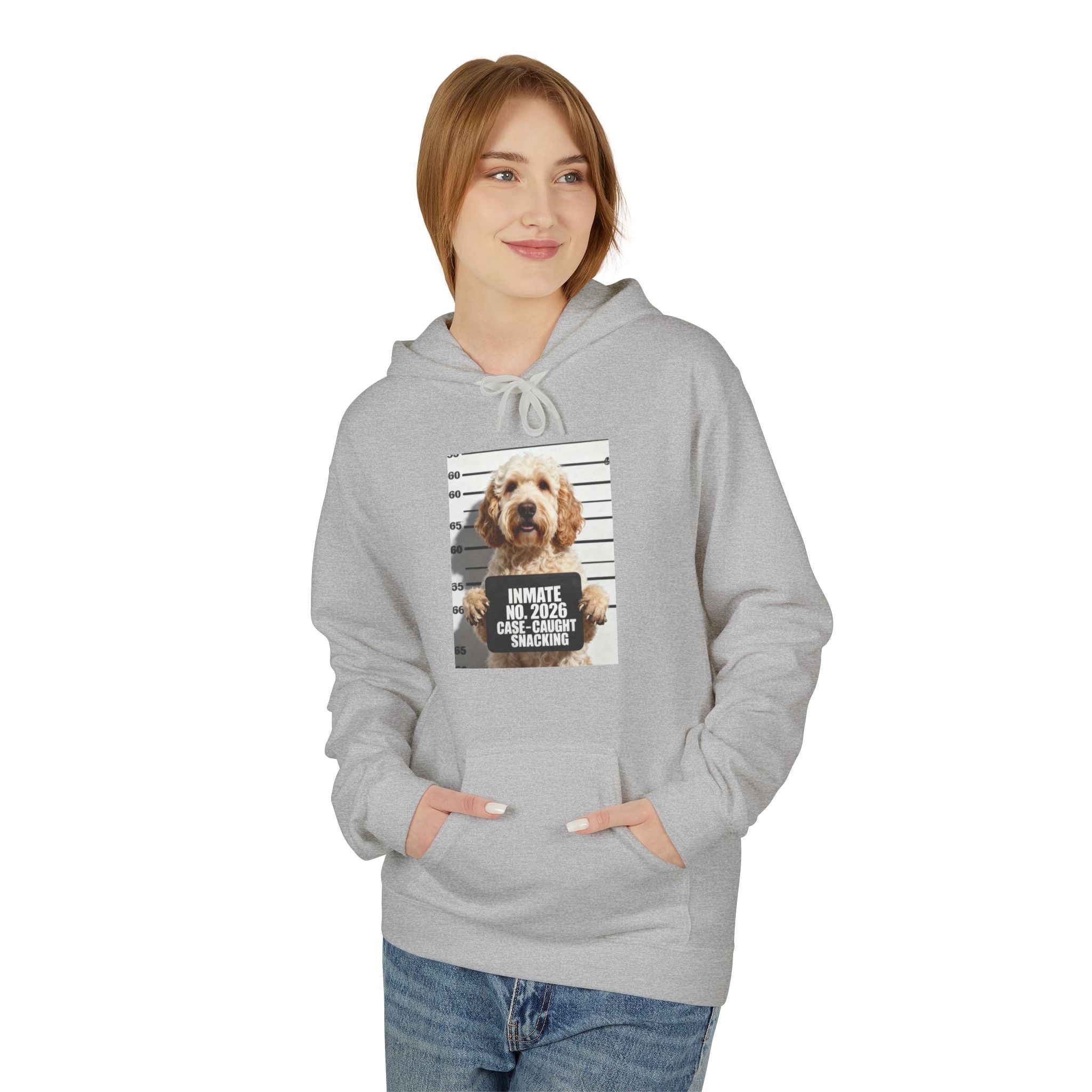 Sport grey hoodie with front hood and centered dog mugshot graphic
