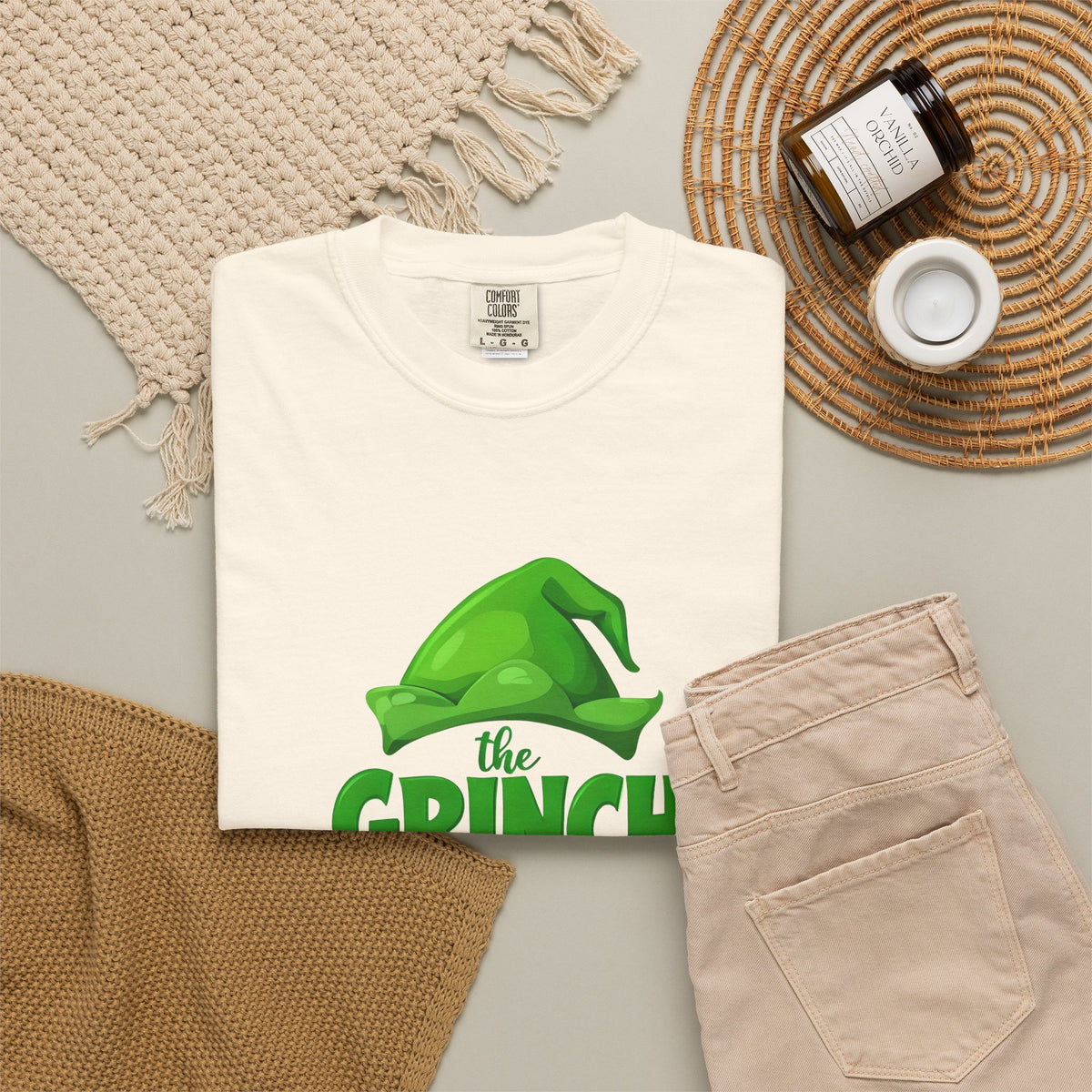 White unisex T-shirt with front Grinch graphic, crew neck