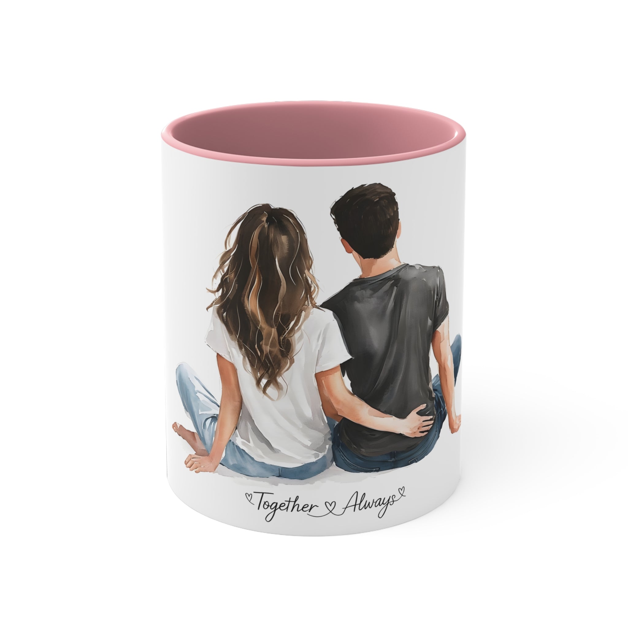 White accent mug with pink interior, featuring a couple illustration from behind and hearts text