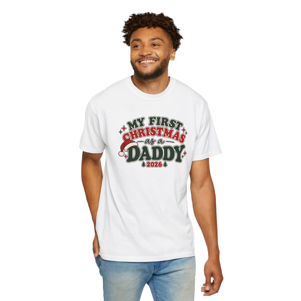 Men's white crewneck T-shirt with colorful Christmas 'Daddy' front print