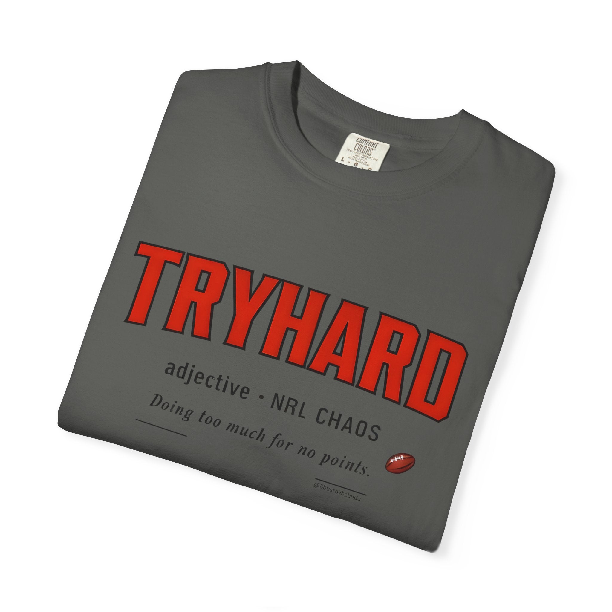Dark gray graphic T-shirt with TRYHARD red headline and small definition print