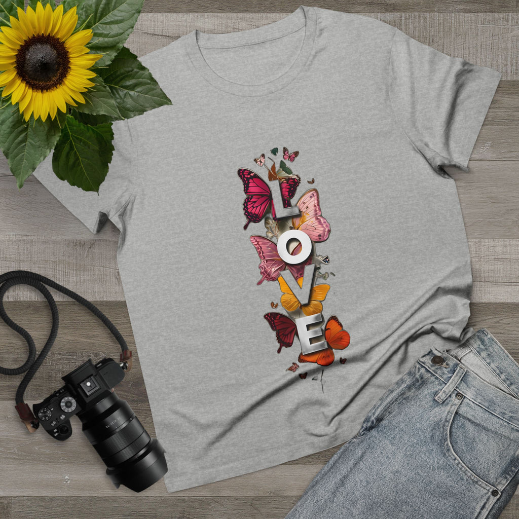 Heather gray women's graphic tee with centered LOVE letters and butterfly artwork.