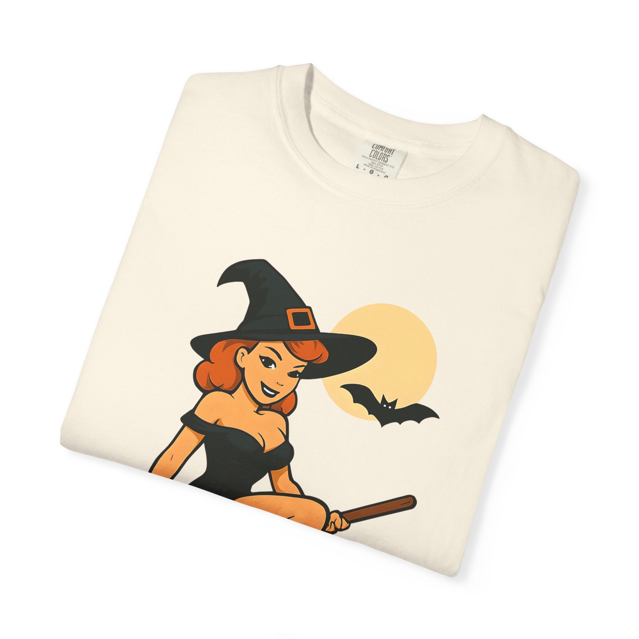 Witch Pinup Tee - "Broom Ride? Enquire Within" Halloween Graphic Shirt