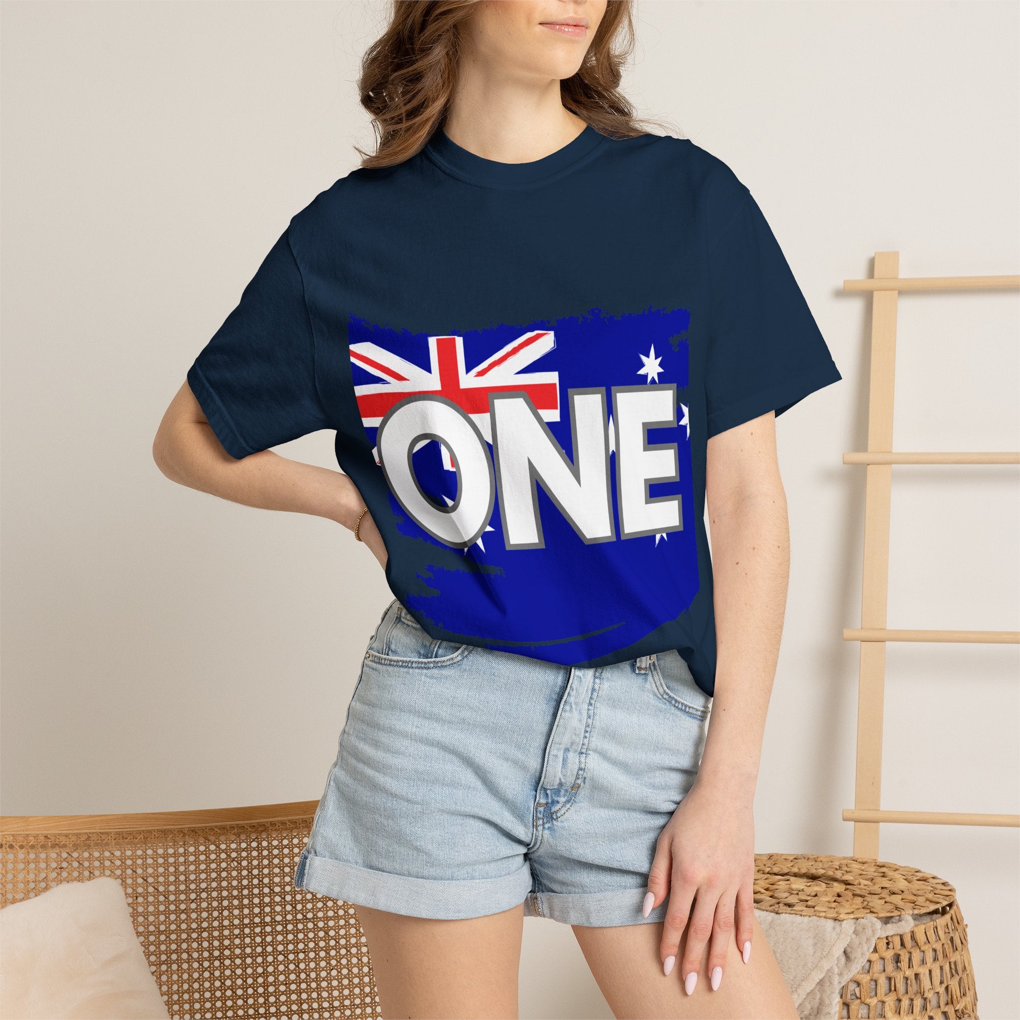 Dark navy graphic t-shirt with blue Australia flag map and large ONE print