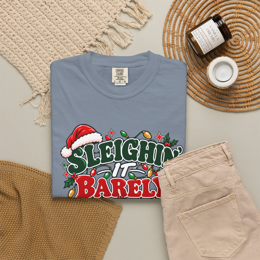 Blue jean crew-neck T-shirt with 'Sleighin' It Barely' holiday graphic