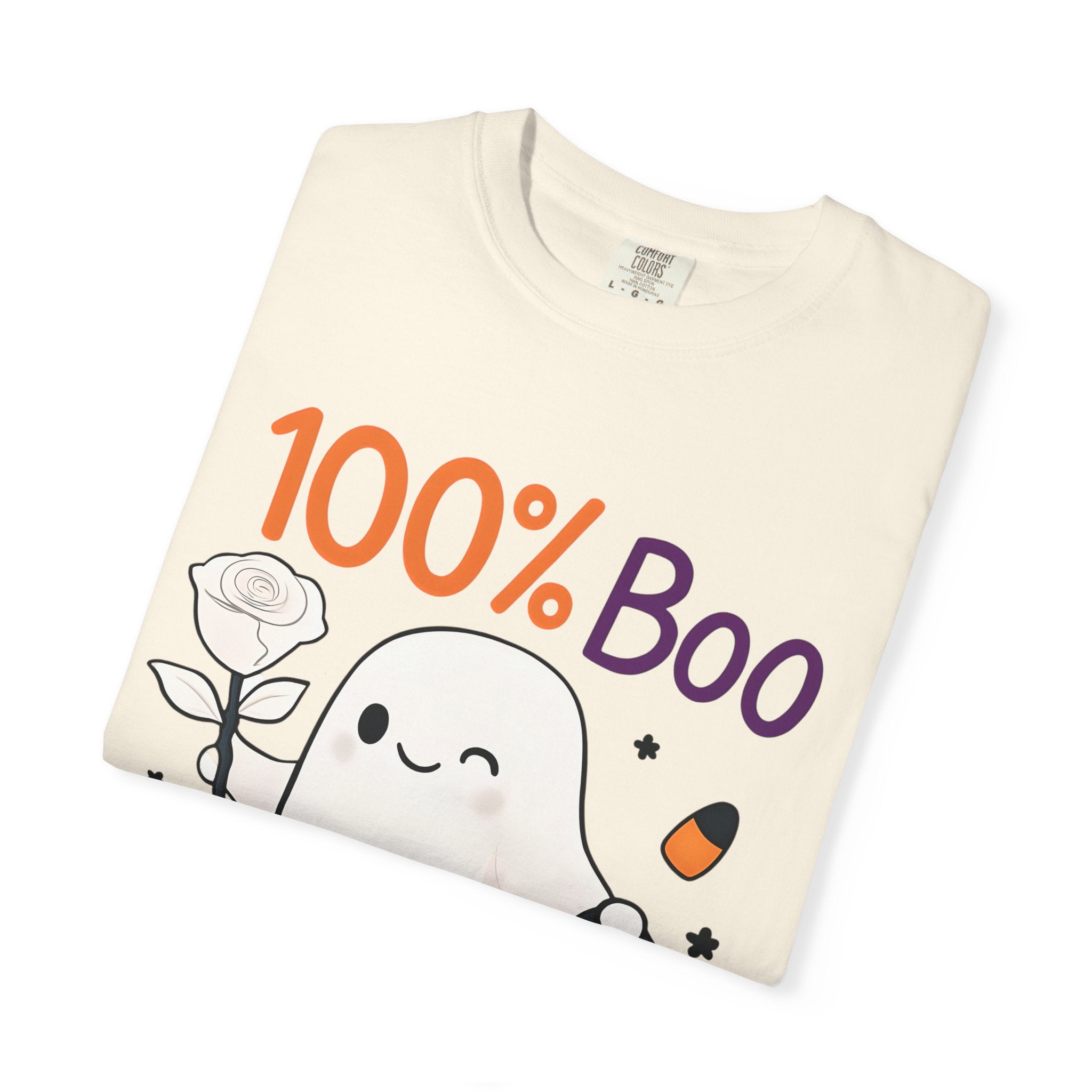 Ivory Halloween graphic t-shirt, folded view showing “100% Boo” ghost face