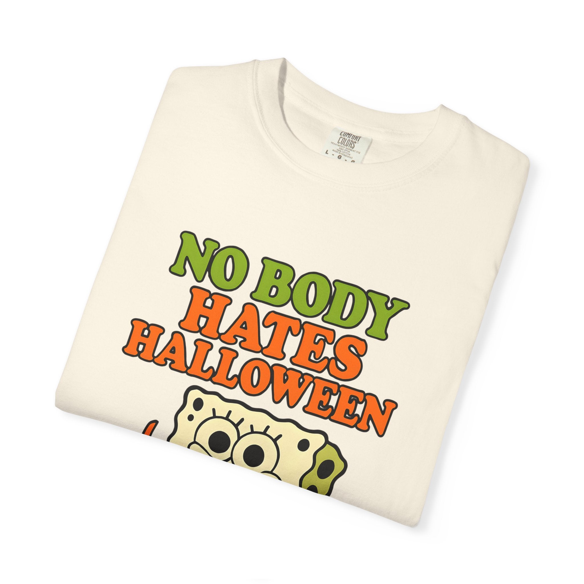 Ivory angled graphic T-shirt with SpongeBob, jack-o-lantern, and 'No body hates Halloween'