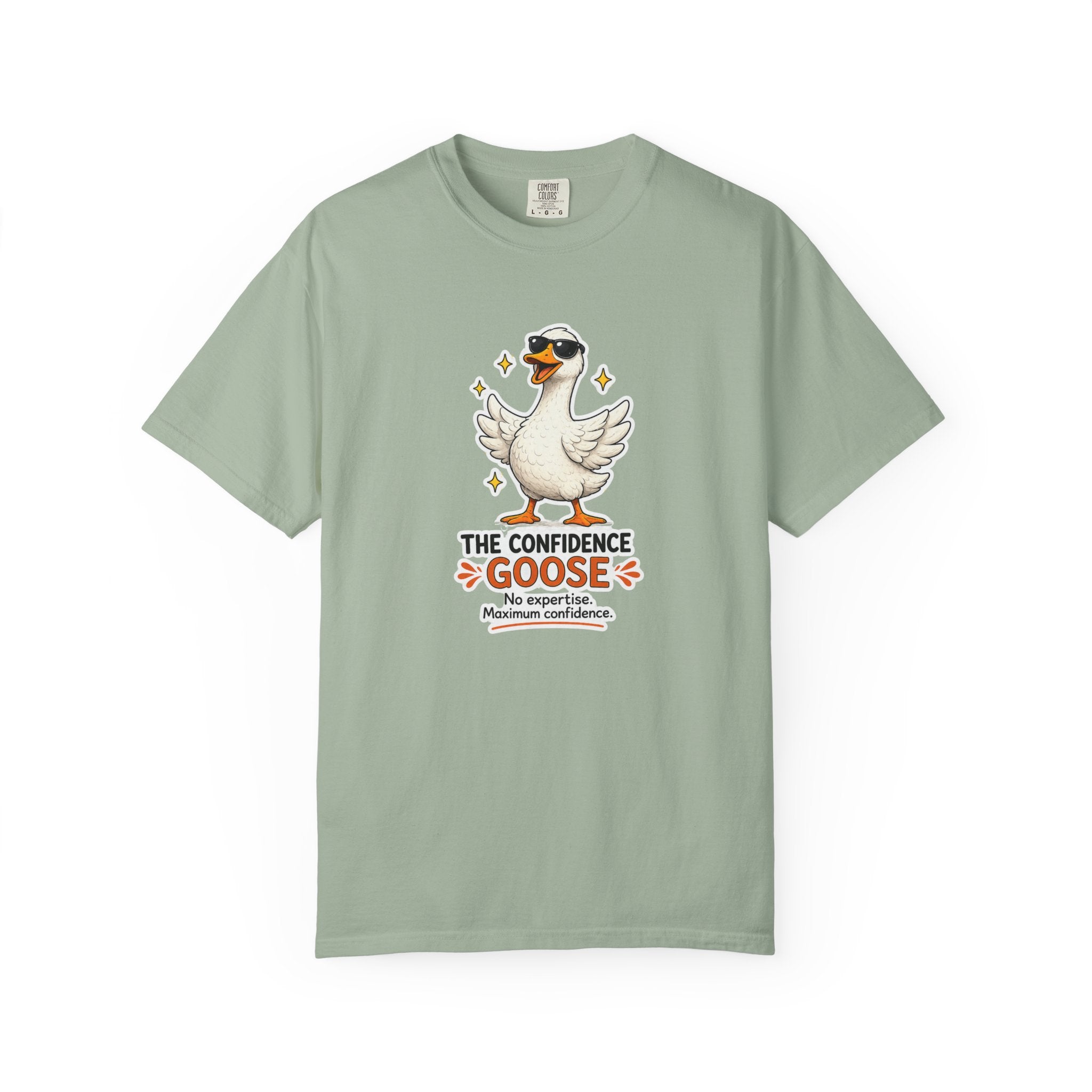 Sage green goose graphic T-shirt with motivational text