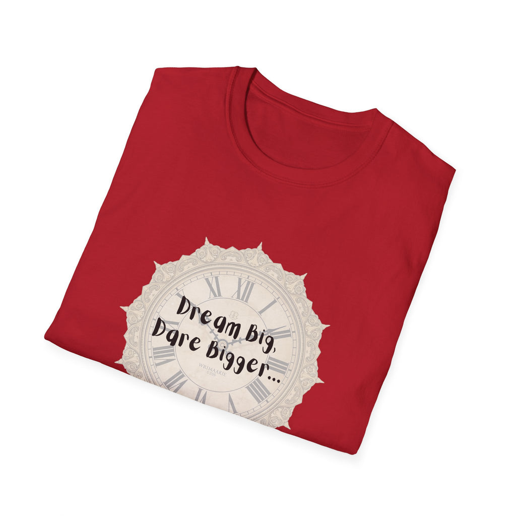 Red T-shirt with circular clock-style inspirational graphic on front