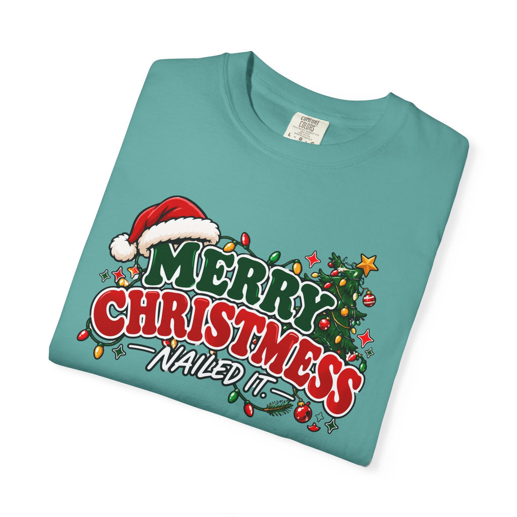 Teal short-sleeve Christmas graphic T-shirt with 'Merry Christmas' text front print