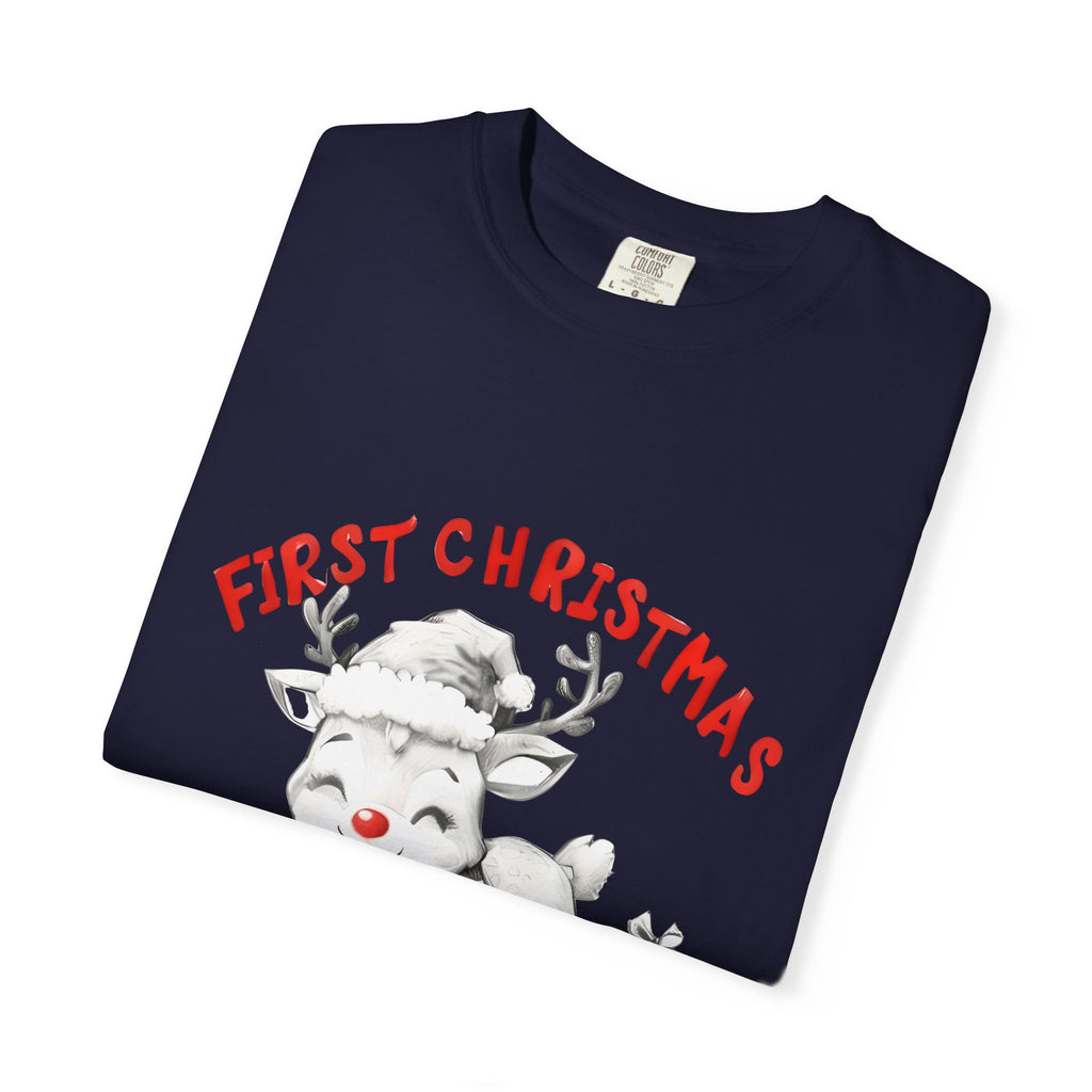 Navy baby Christmas T-shirt close-up, reindeer graphic with “FIRST CHRISTMAS” text