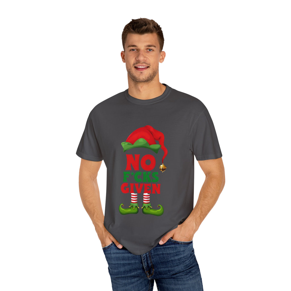 Graphite t-shirt worn by model with elf “No F*cks Given” front graphic