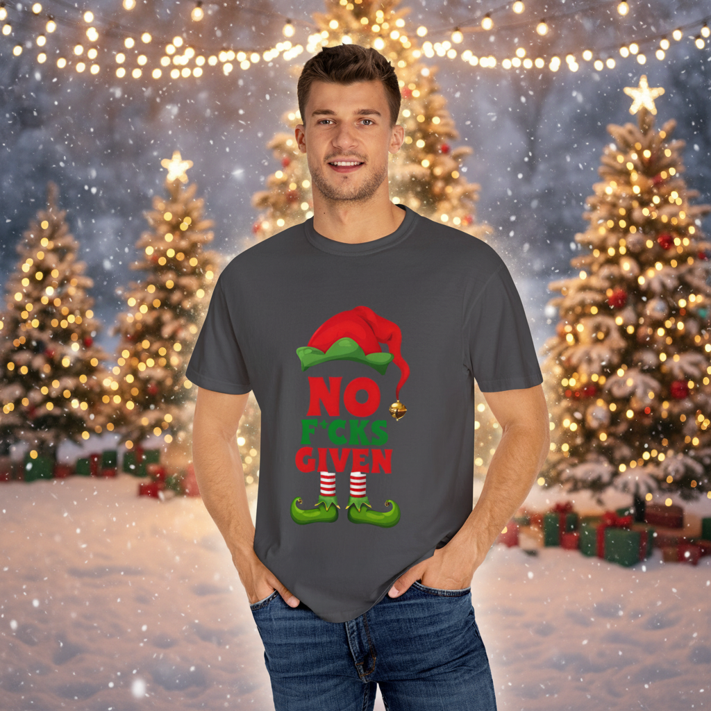 Graphite t-shirt worn by model, featuring elf “No F*cks Given” graphic