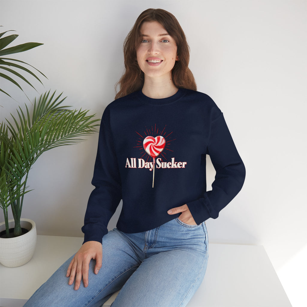 Navy graphic lollipop heart sweatshirt on model with red and white candy print