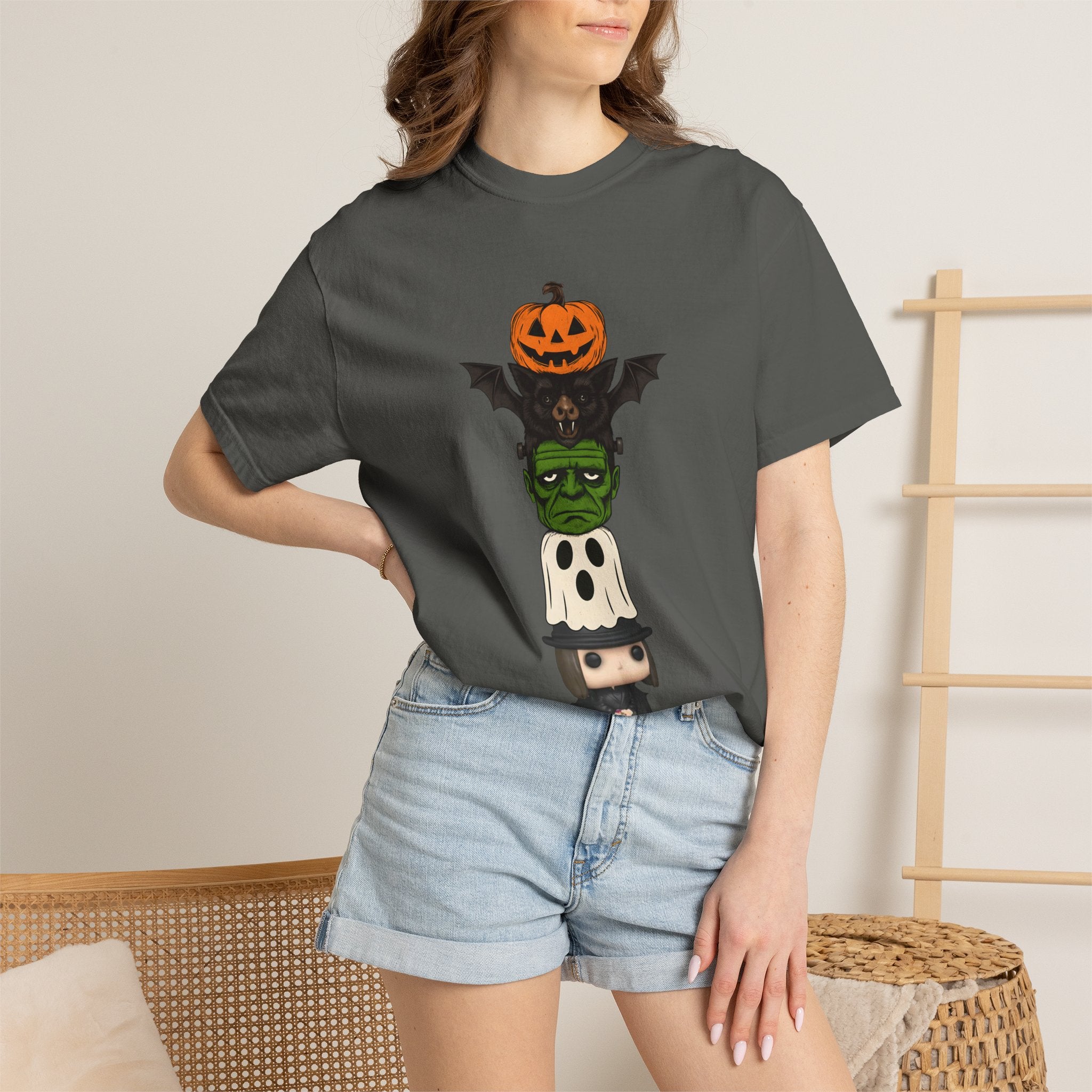 Halloween Totem Tee — Stacked Pumpkin, Bat, Frankenstein, Ghost & Prince of Darkness POP Graphic T-Shirt