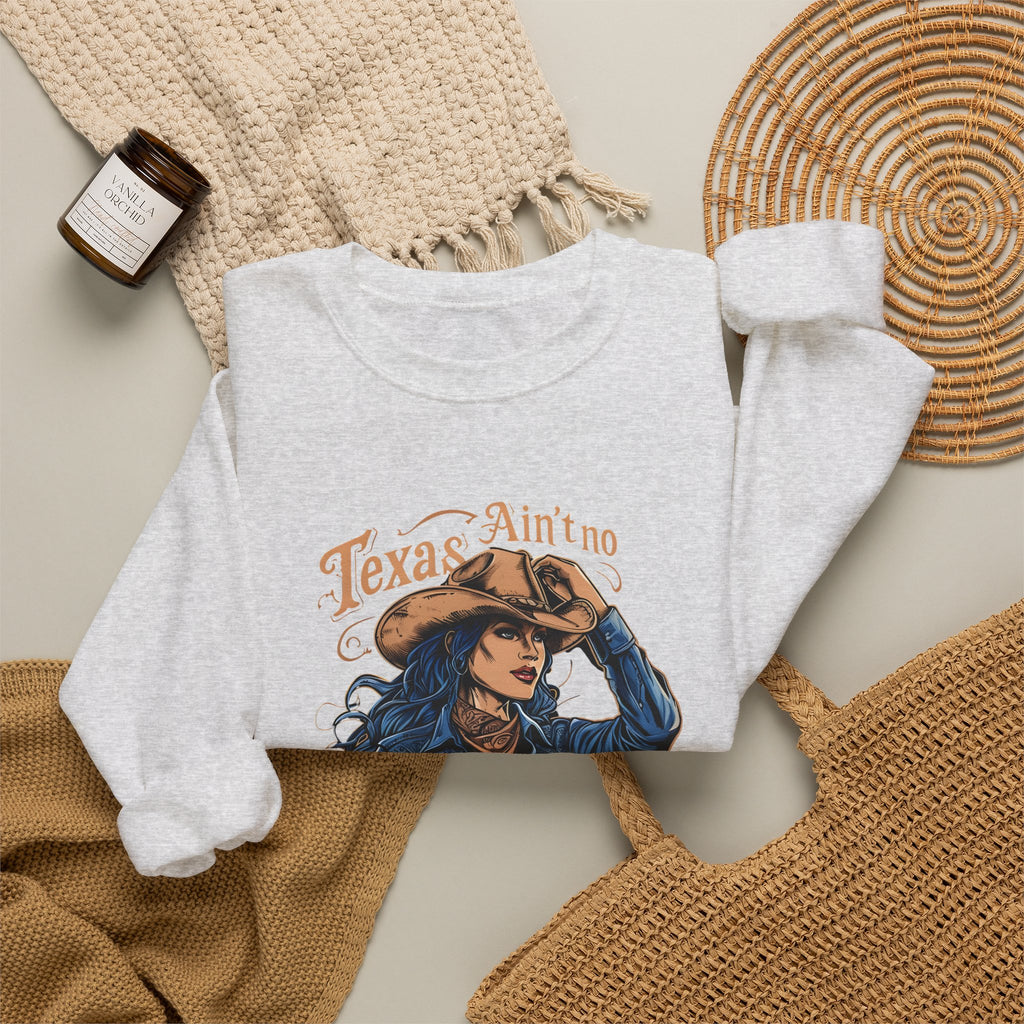 Heather gray crewneck sweatshirt with cowgirl graphic and long sleeves