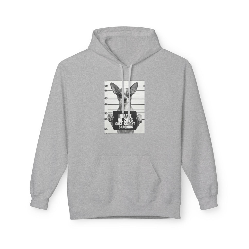 Sport gray hoodie with front pocket and chihuahua mugshot graphic, 'INMATE 2026' text.
