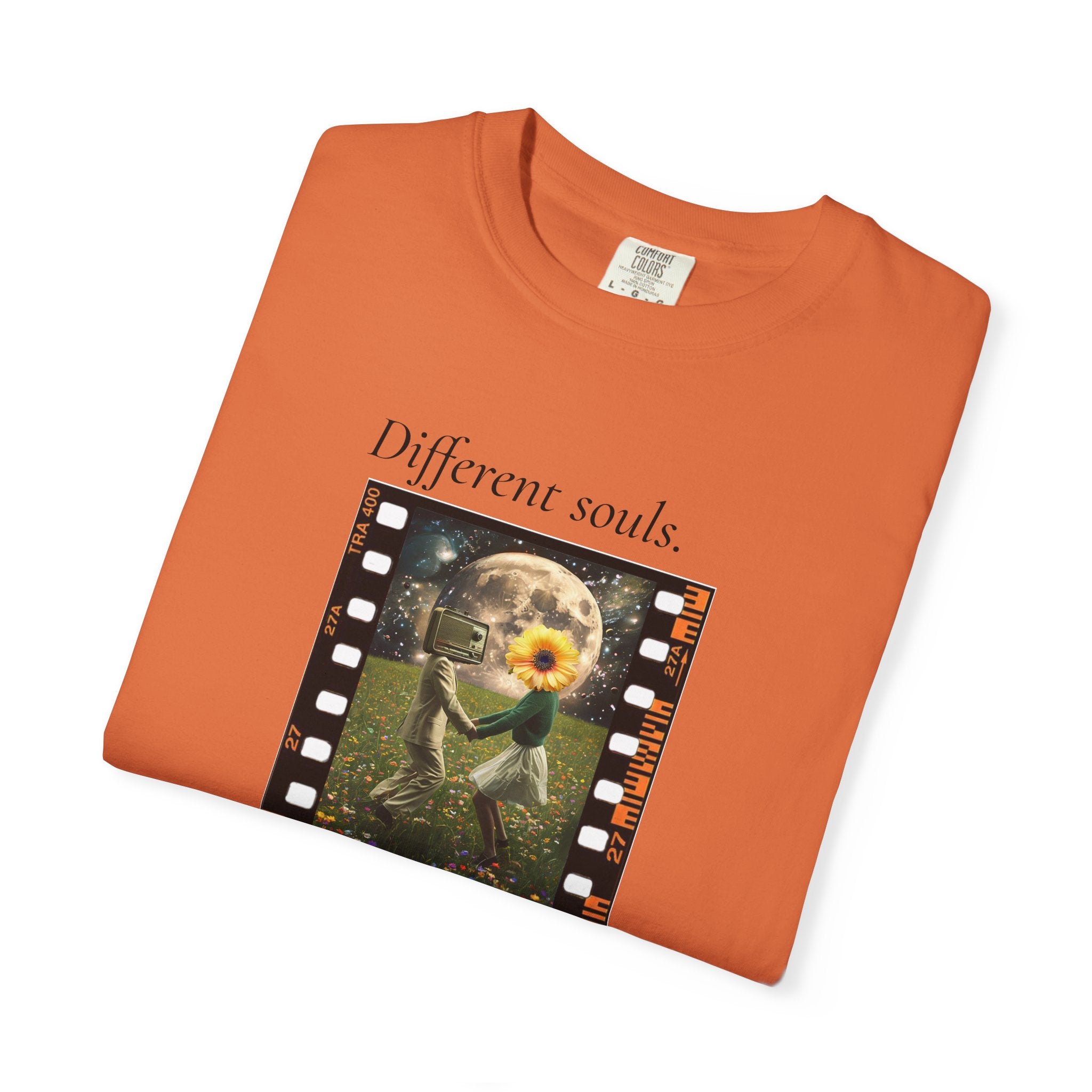 Orange crew-neck short-sleeve tee with front filmstrip sunflower graphic
