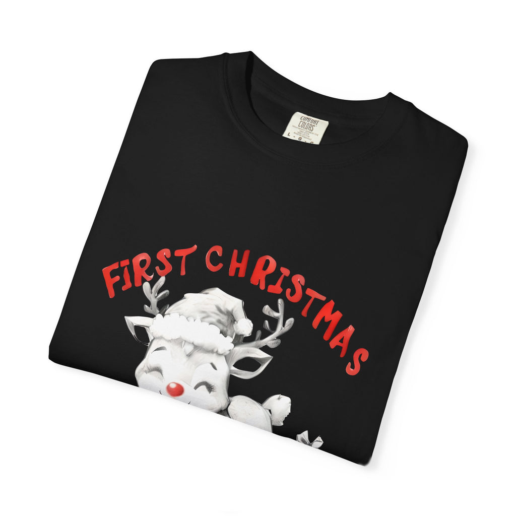 Black T-shirt, close-up view of reindeer graphic and “First Christmas Daddy 2025”