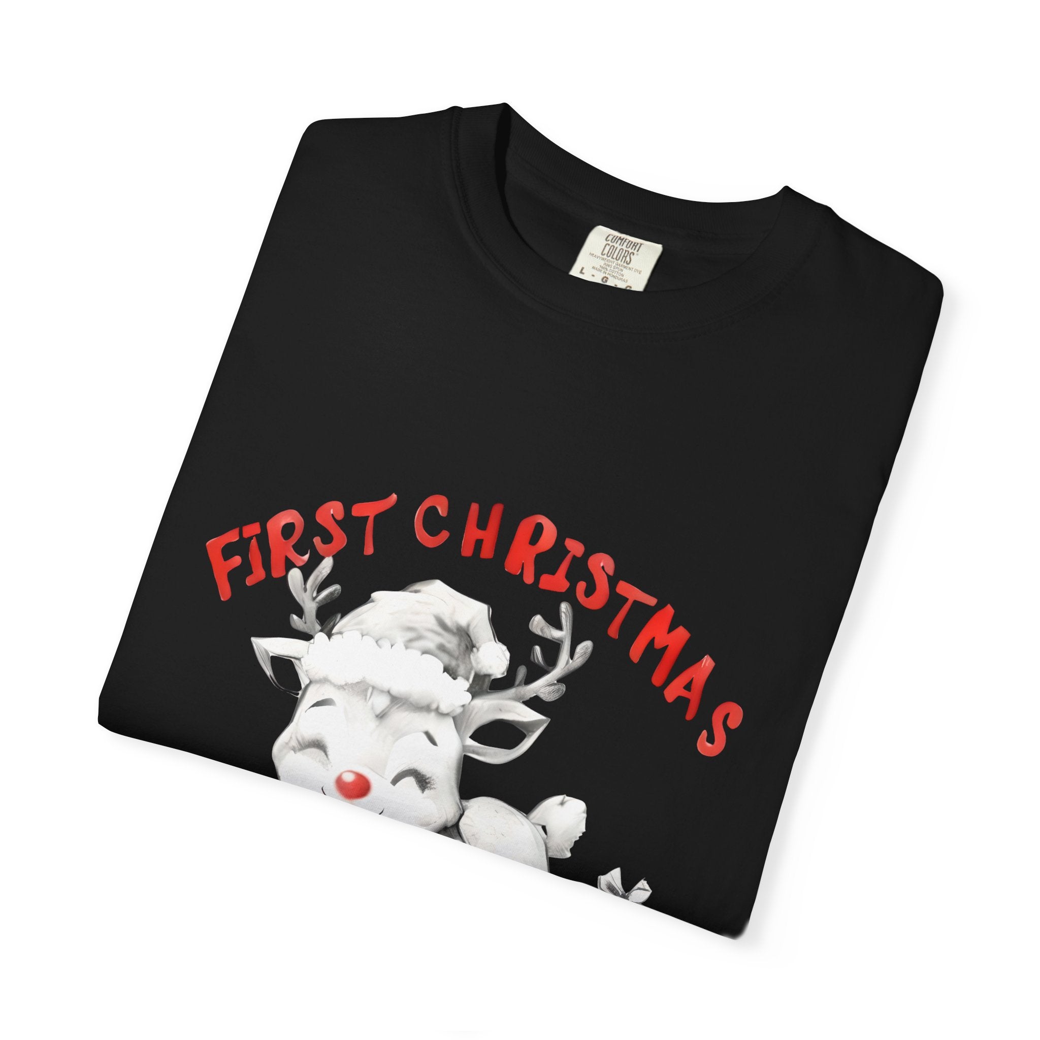 Black T-shirt, close-up view of reindeer graphic and “First Christmas Daddy 2025”