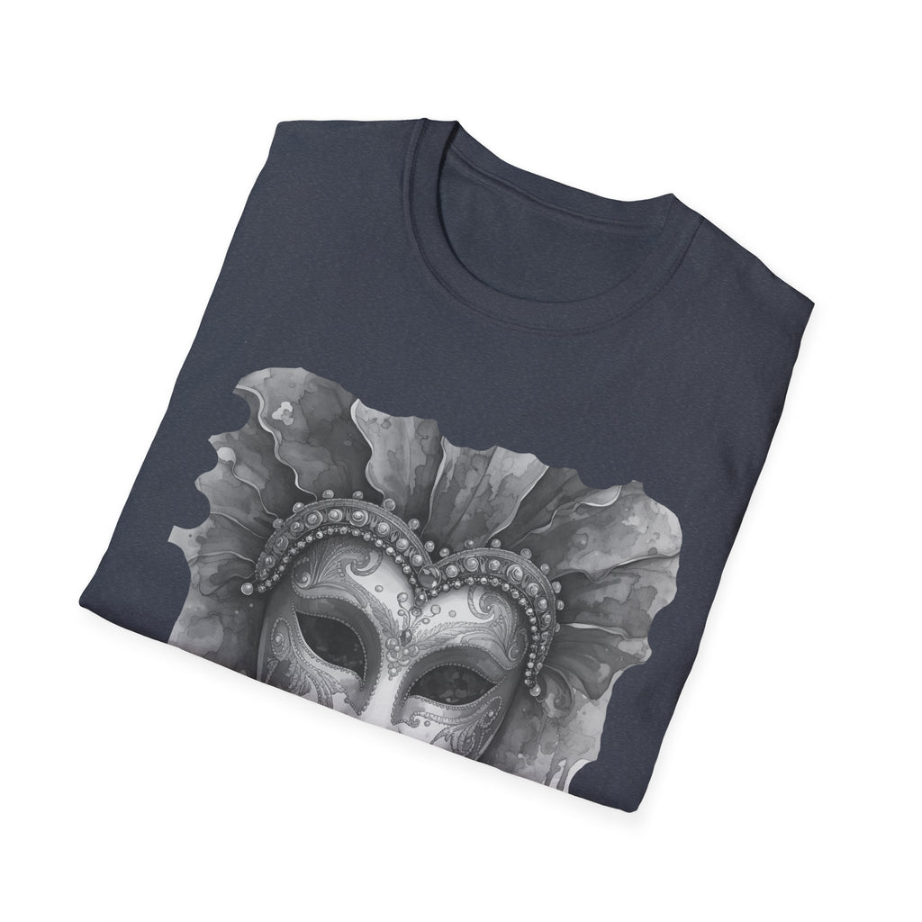 Dark heather face T-shirt with close-up masquerade mask graphic
