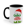 Black interior accent mug with white body and black handle; Grinch Stole Christmas print.