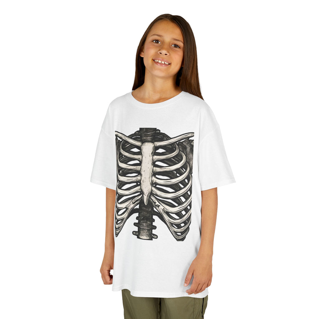Kids skeleton ribcage graphic t-shirt in white, crew neck and short sleeves