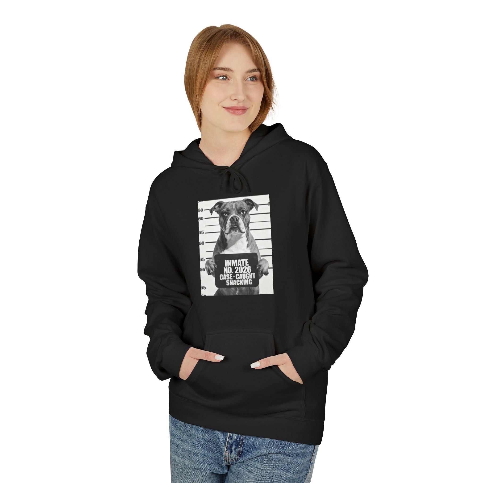 Black hoodie on model with front kangaroo pocket and rectangular dog graphic