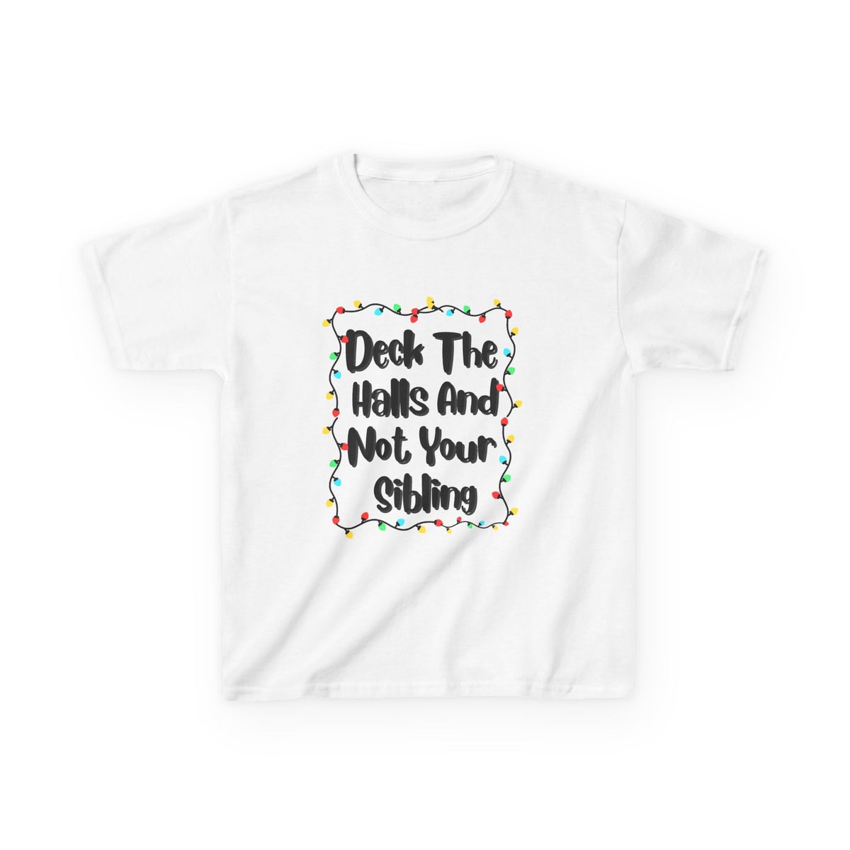 White kids T-shirt with Christmas wreath light graphic and "Deck the Halls" text