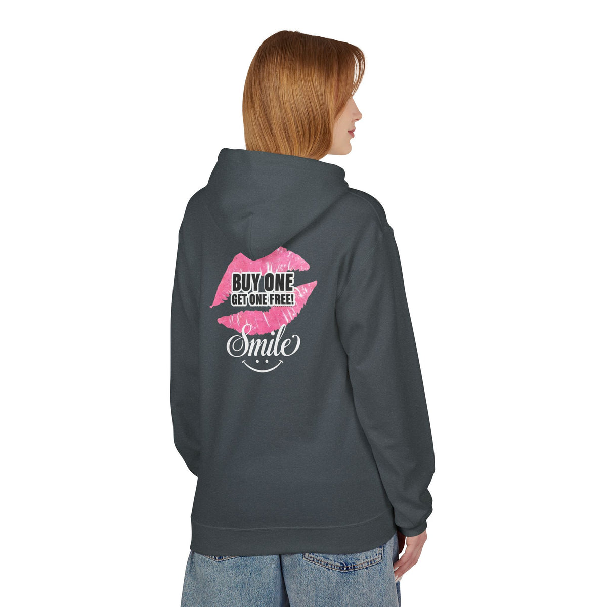 Dark heather hoodie with pink 'Buy One Get One Free' Smile back graphic print