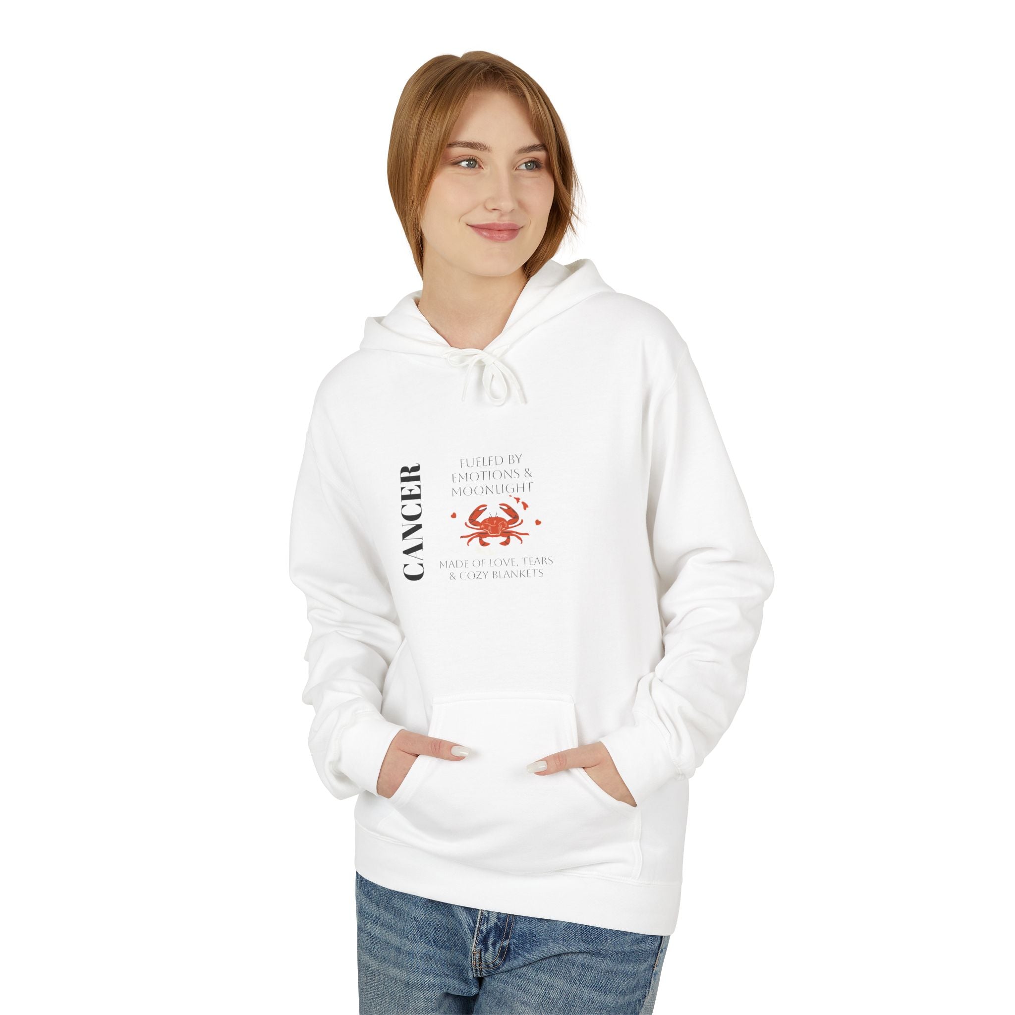 White hoodie worn by woman, with hood, kangaroo pocket, and Cancer constellation chest print