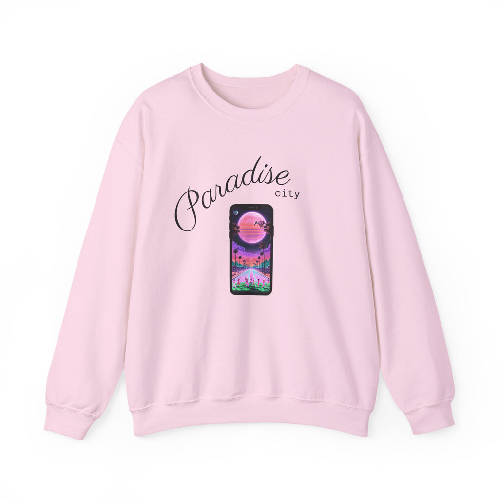 Light pink crewneck sweatshirt with “Paradise city” phone graphic on the front