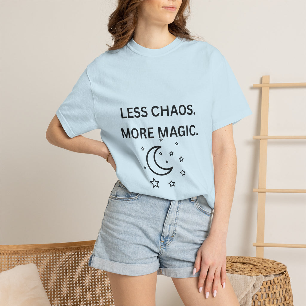 Less Chaos, More Magic T-Shirt — Crescent Moon + Stars Graphic Tee