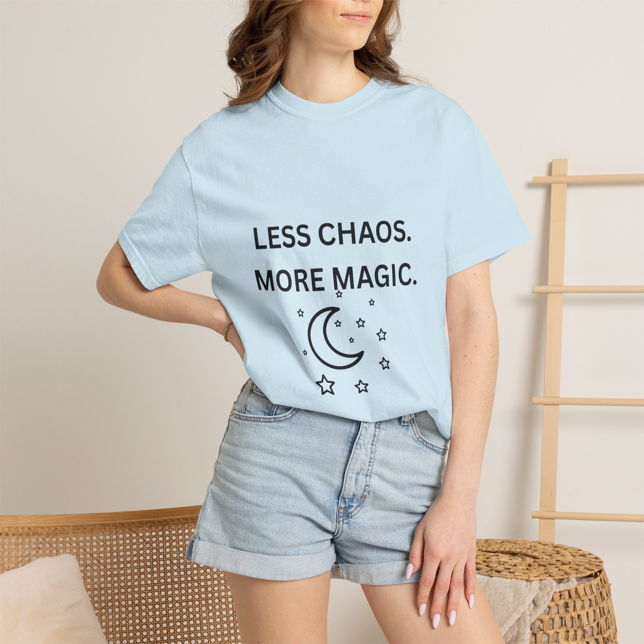 Less Chaos, More Magic T-Shirt — Crescent Moon + Stars Graphic Tee