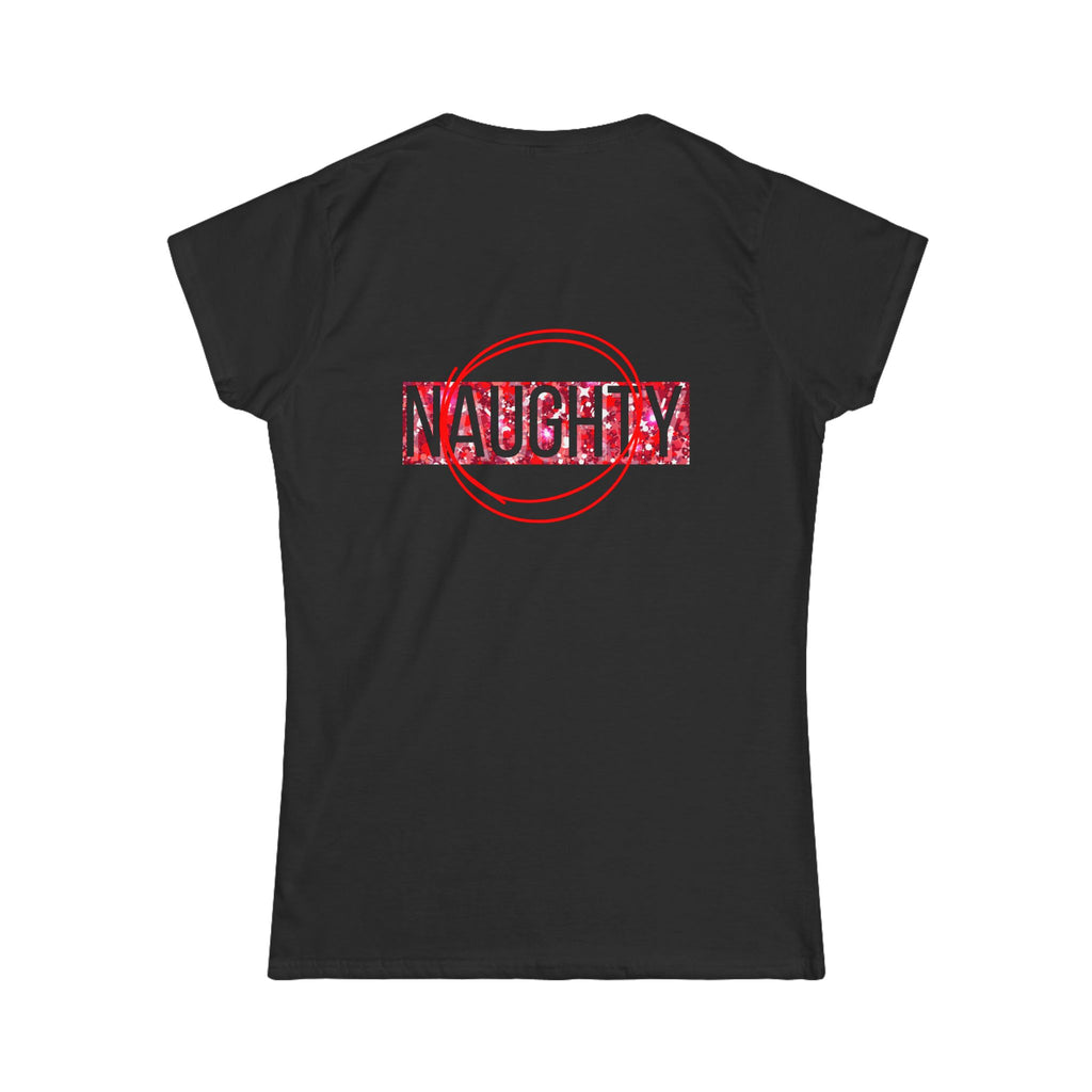 Women’s graphic tee, black, “NAUGHTY” back print with red circle