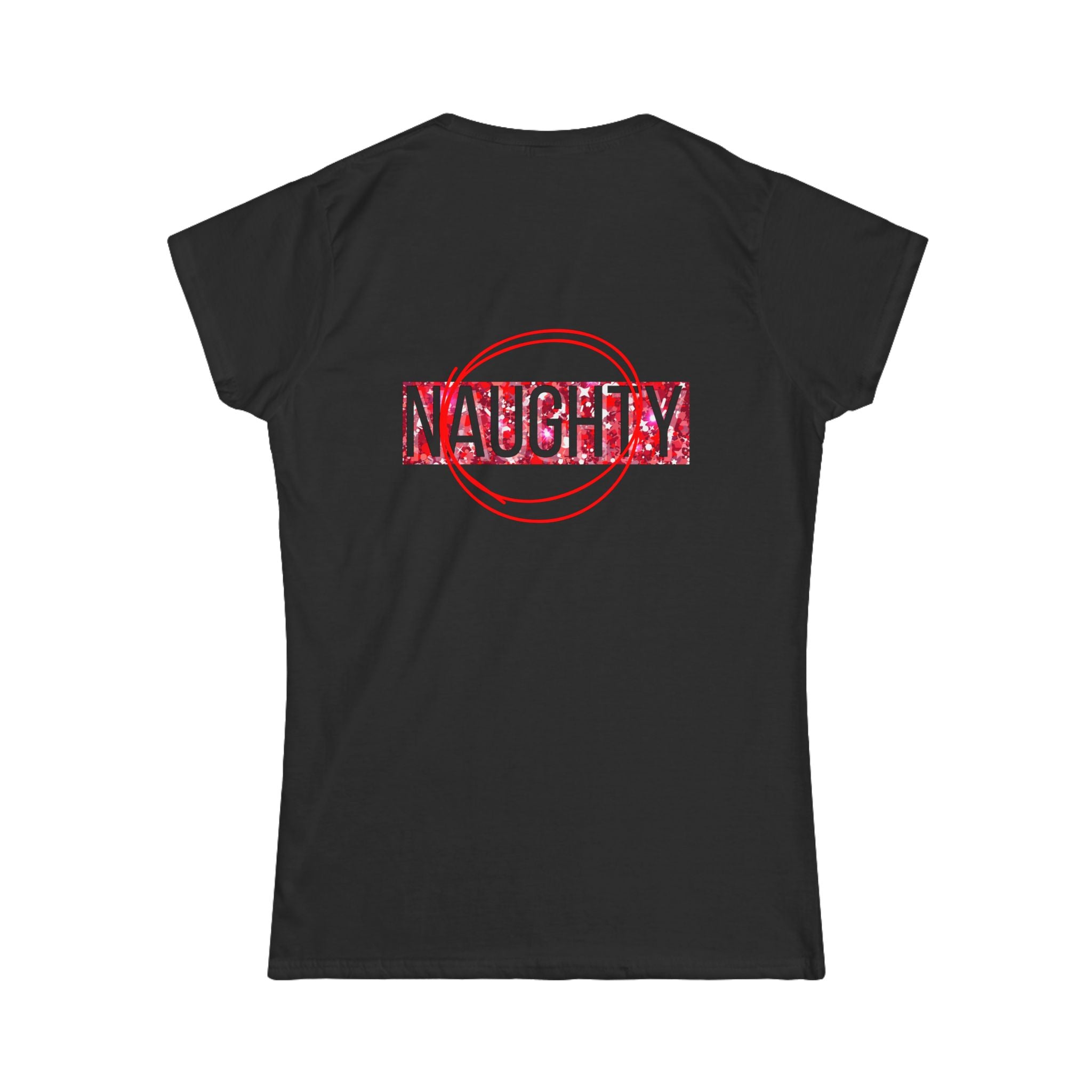 Women’s graphic tee, black, “NAUGHTY” back print with red circle