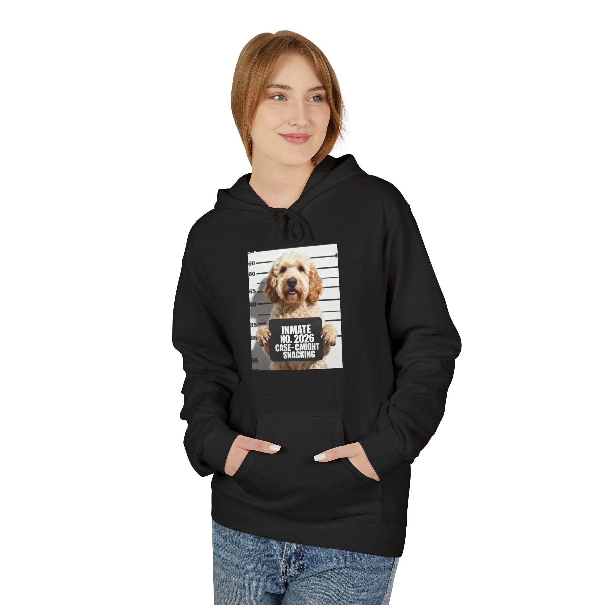 Black hoodie with front hood and centered dog mugshot graphic