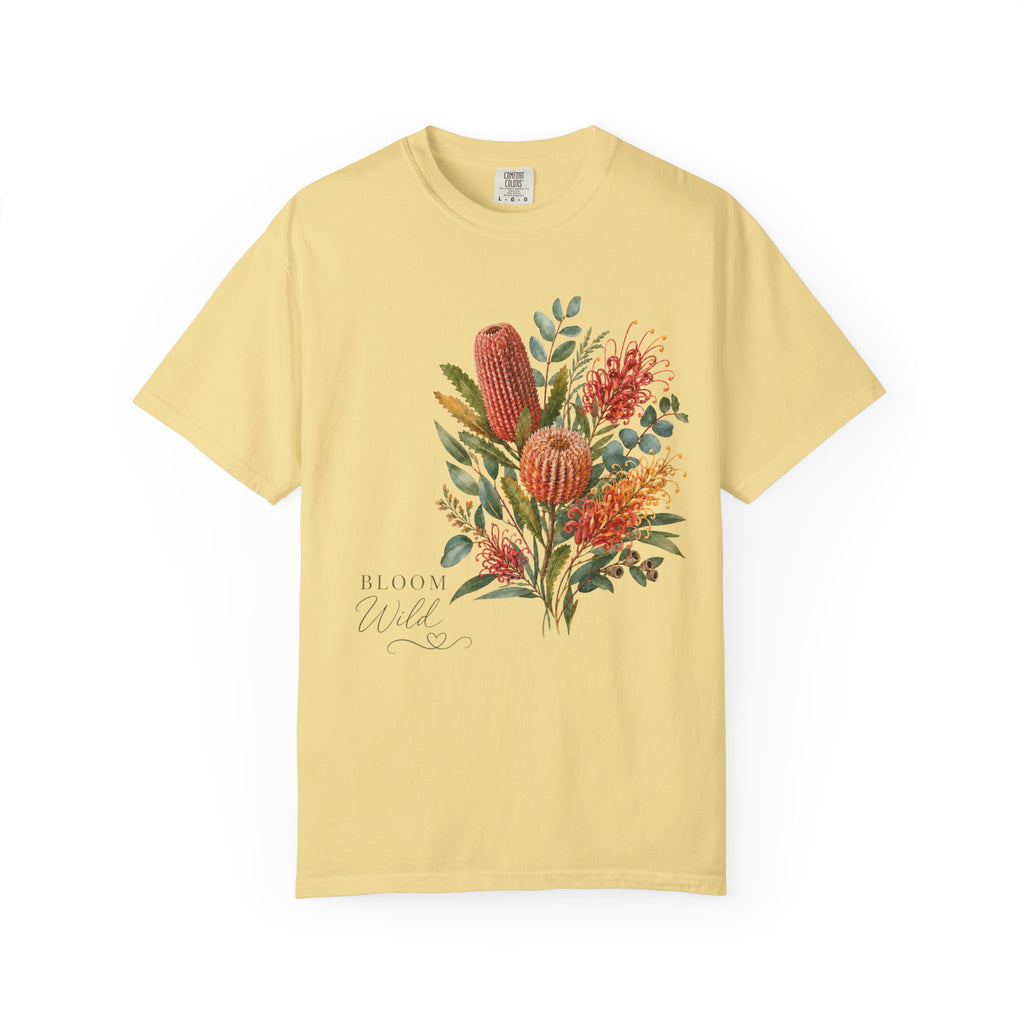 Butter yellow crew-neck t-shirt featuring colorful protea bouquet graphic in center