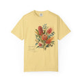 Butter yellow crew-neck t-shirt featuring colorful protea bouquet graphic in center