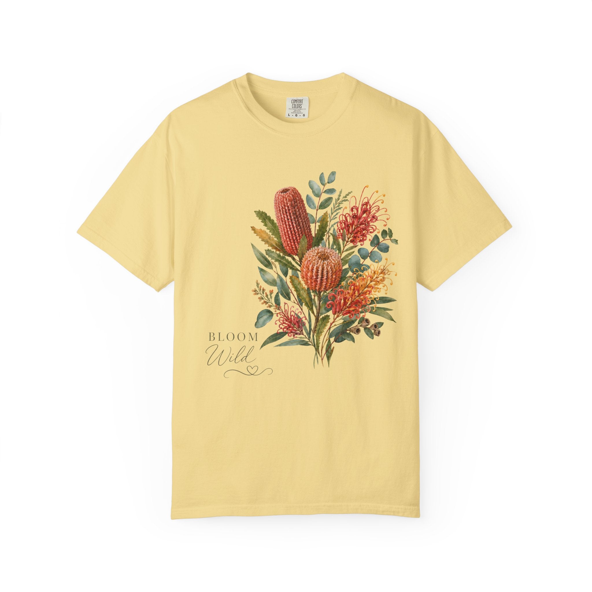 Butter yellow crew-neck t-shirt featuring colorful protea bouquet graphic in center