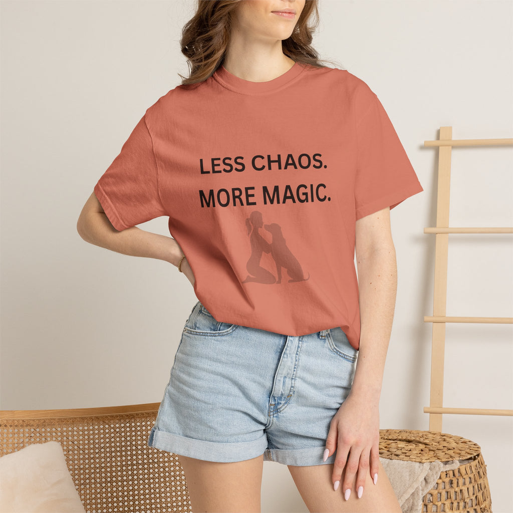 Less Chaos, More Magic T-Shirt — Woman + Dog Silhouette Graphic Tee