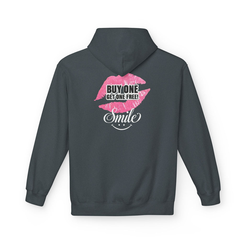 Dark gray hoodie with pink 'Buy One Get One Free' Smile front graphic print
