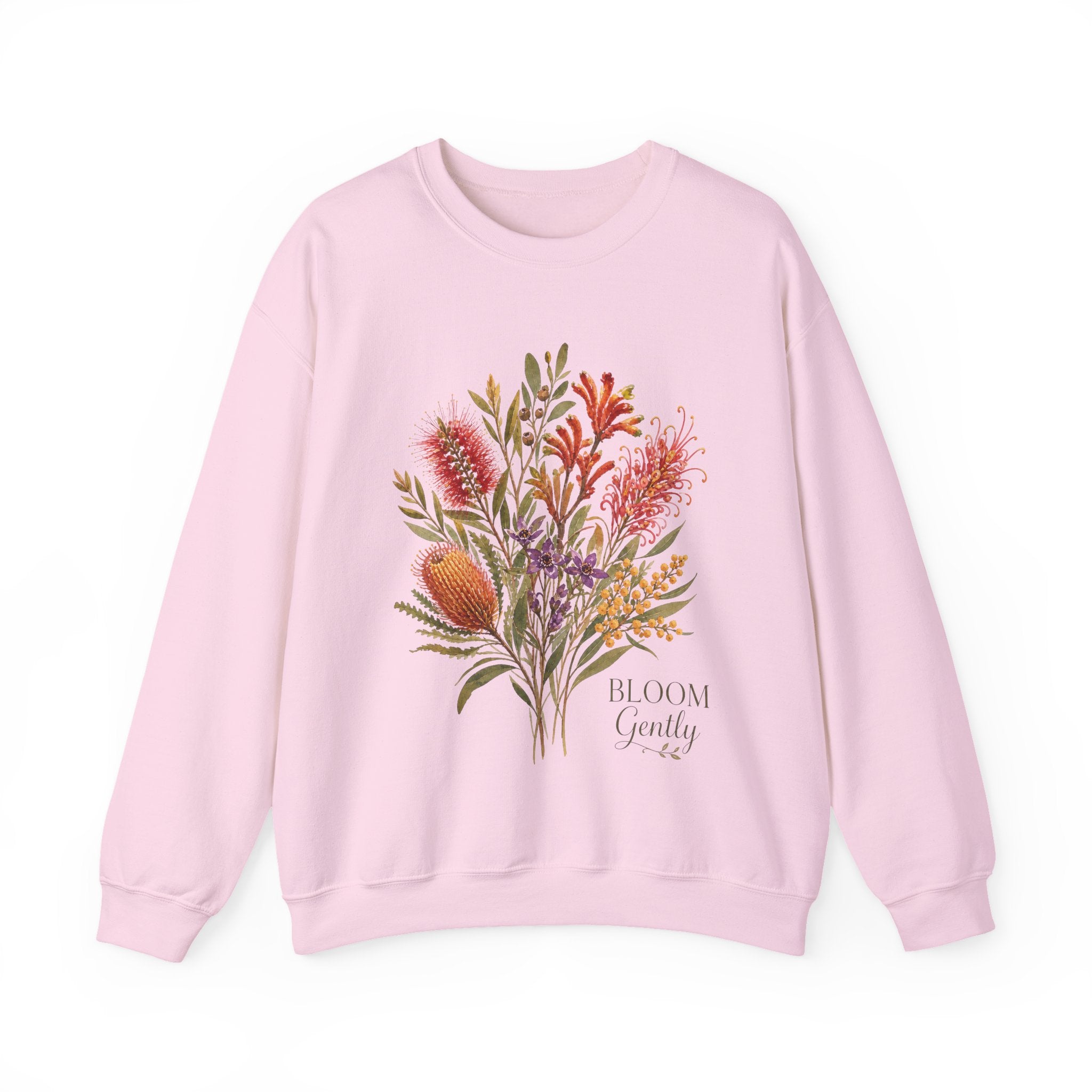 Floral bouquet sweatshirt, light pink crewneck with colorful botanical bouquet graphic