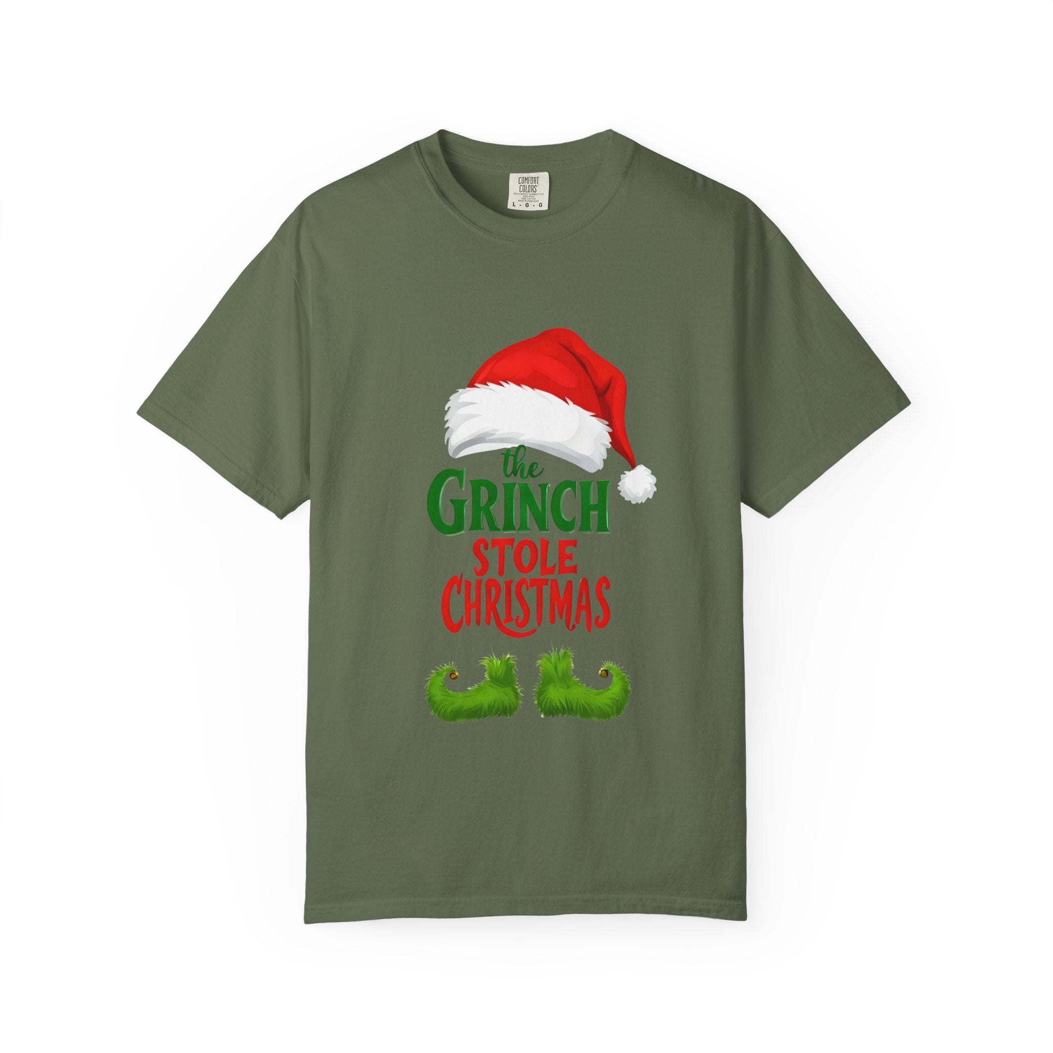 Sage green T-shirt with Grinch Santa hat graphic and “The Grinch Stole Christmas” print