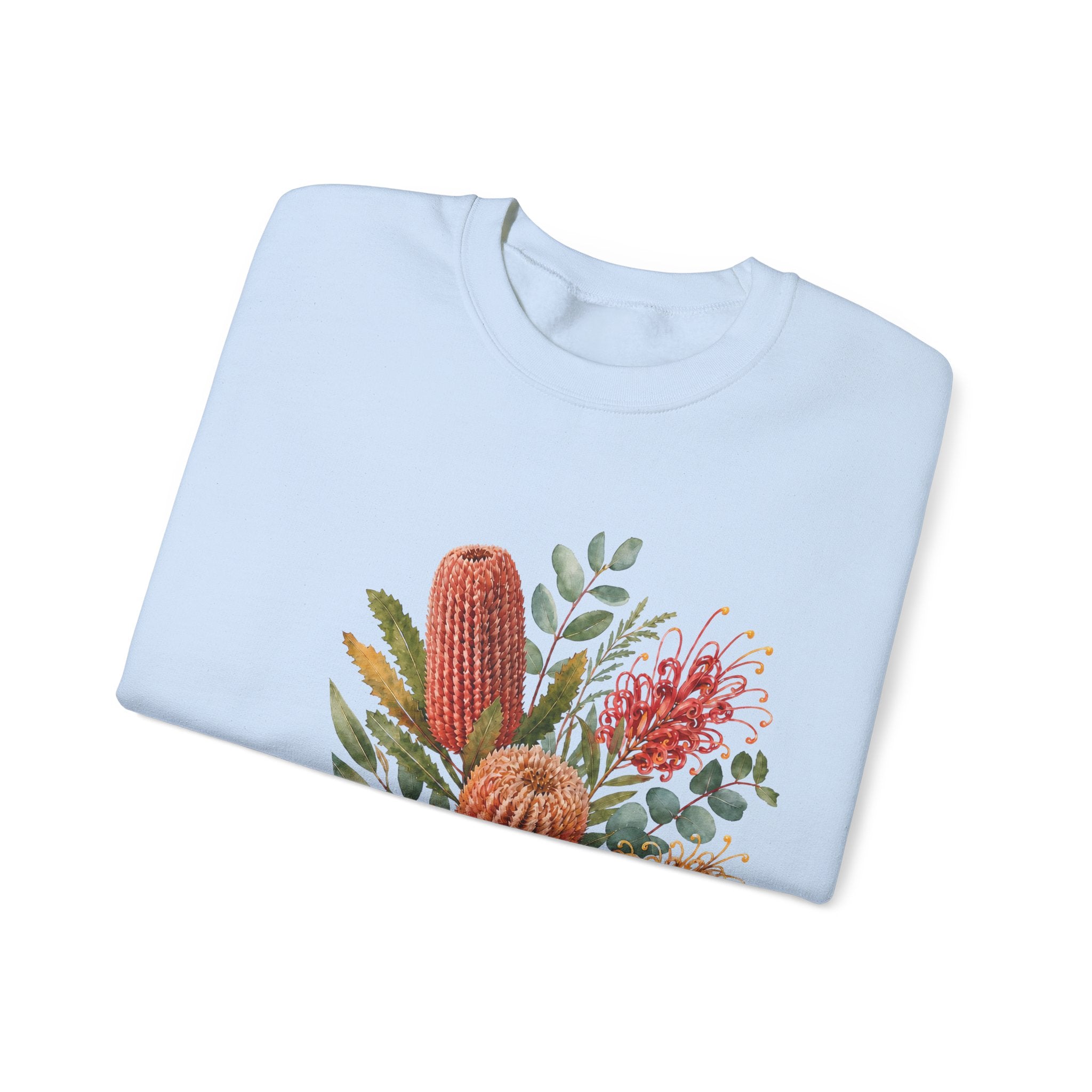 Light blue crewneck sweatshirt with colorful floral cactus graphic on chest