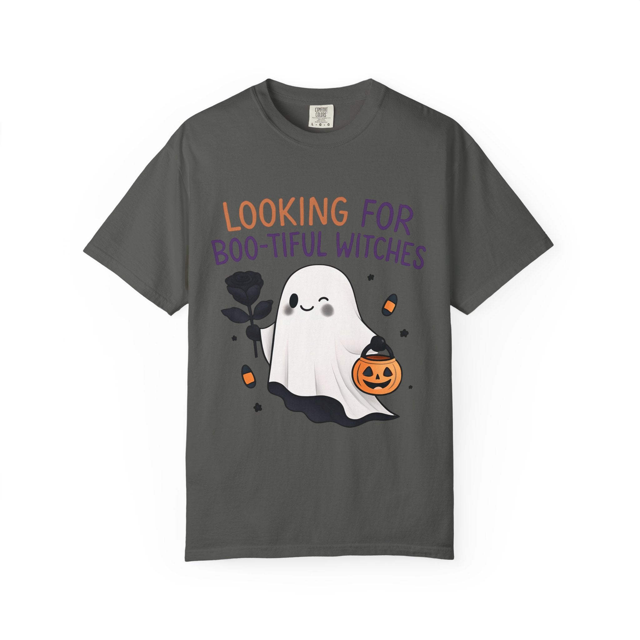 Dark gray crewneck T-shirt with ghost graphic and multicolor Halloween text