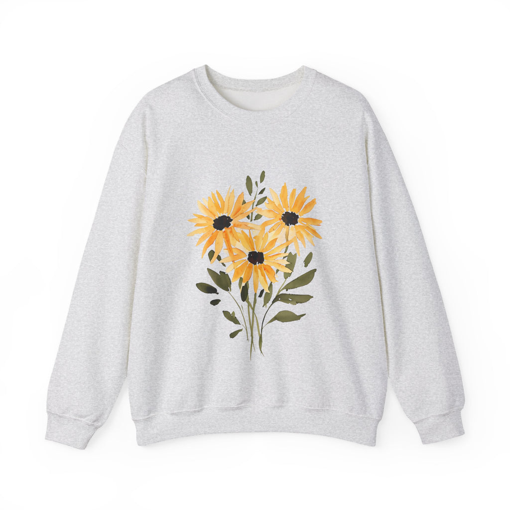 Light grey crewneck sweatshirt with orange sunflower bouquet graphic on the front