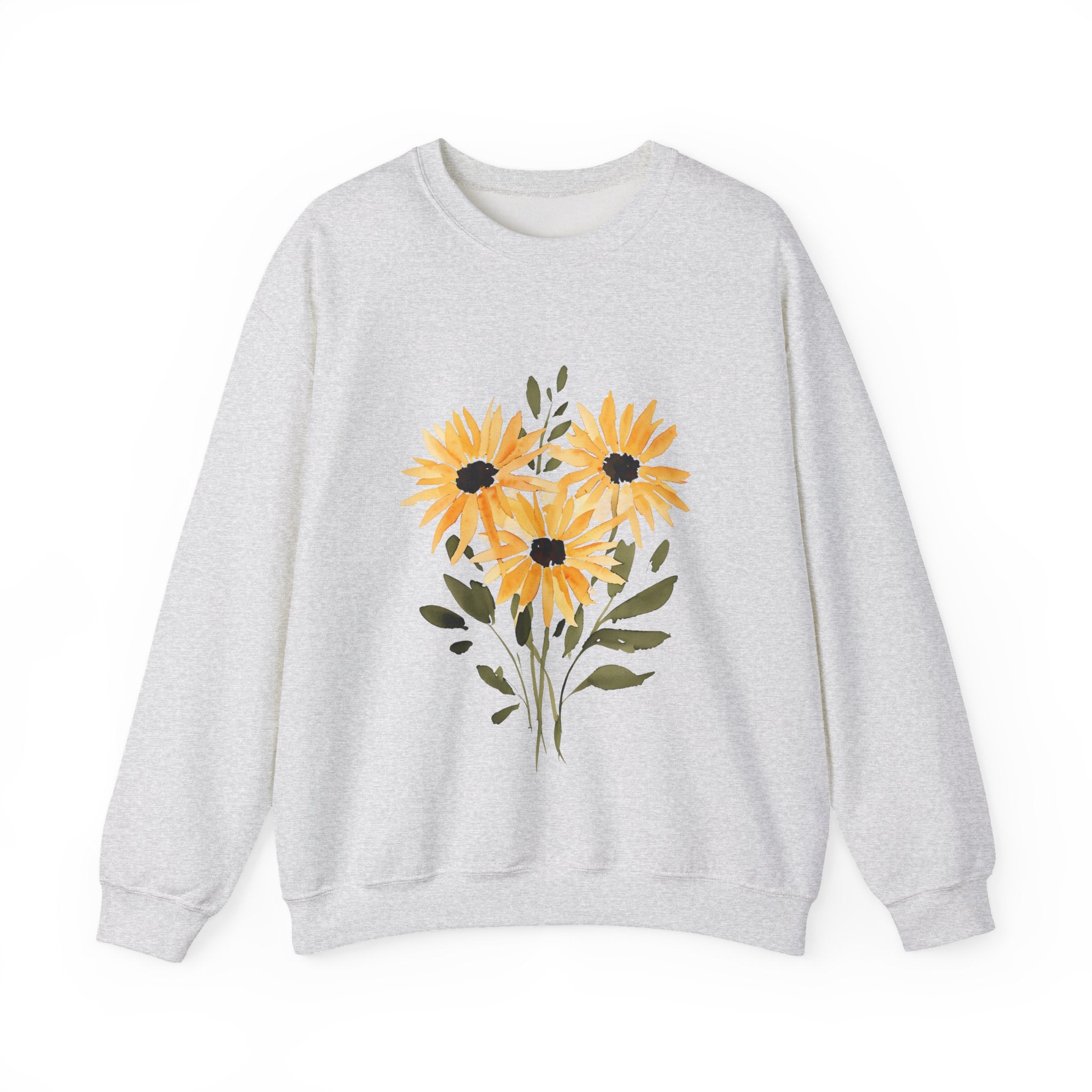 Light grey crewneck sweatshirt with orange sunflower bouquet graphic on the front