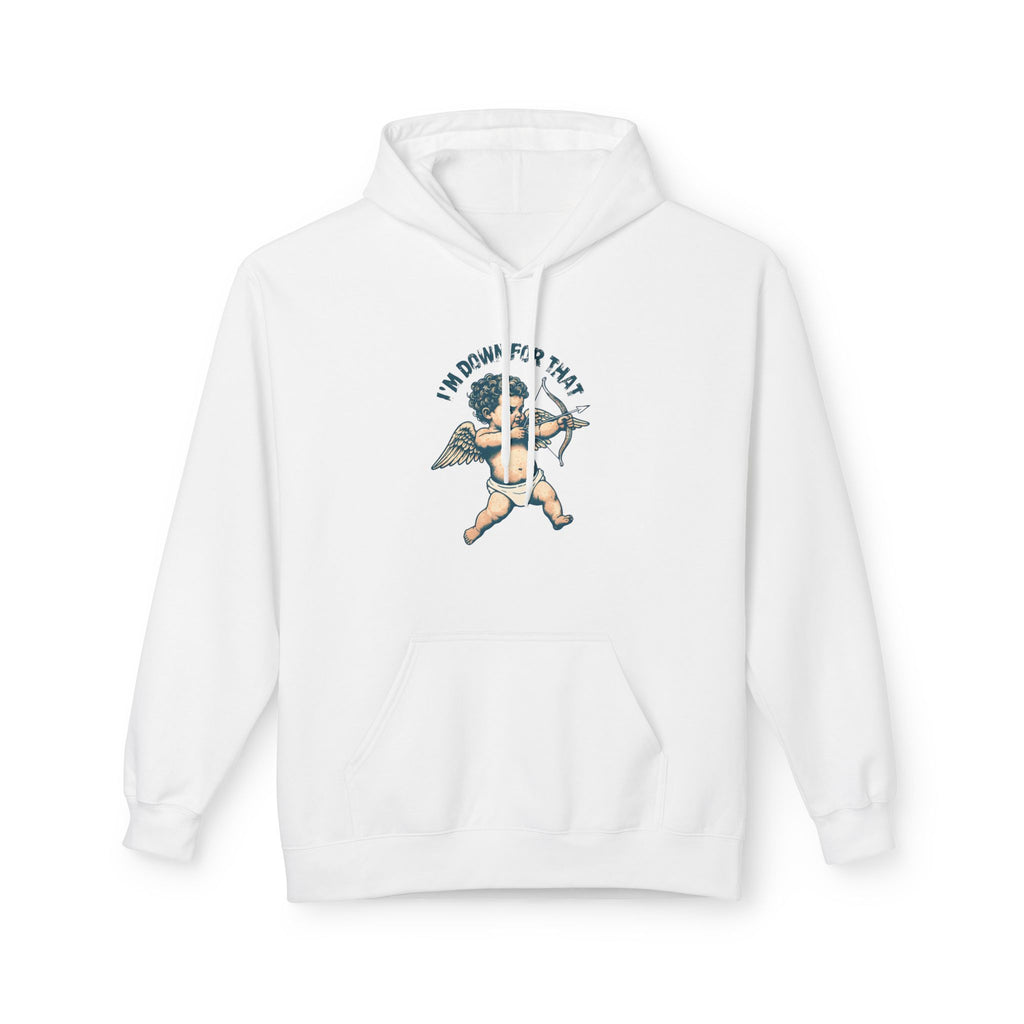 Unisex white hoodie with drawstring hood and cupid graphic on the chest.